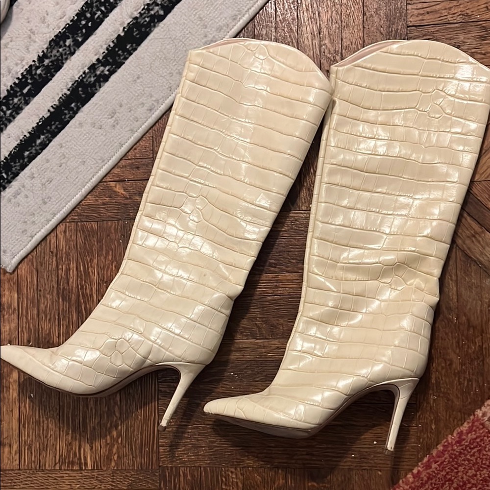 SCHUTZ Cream Heeled Croc Boots with